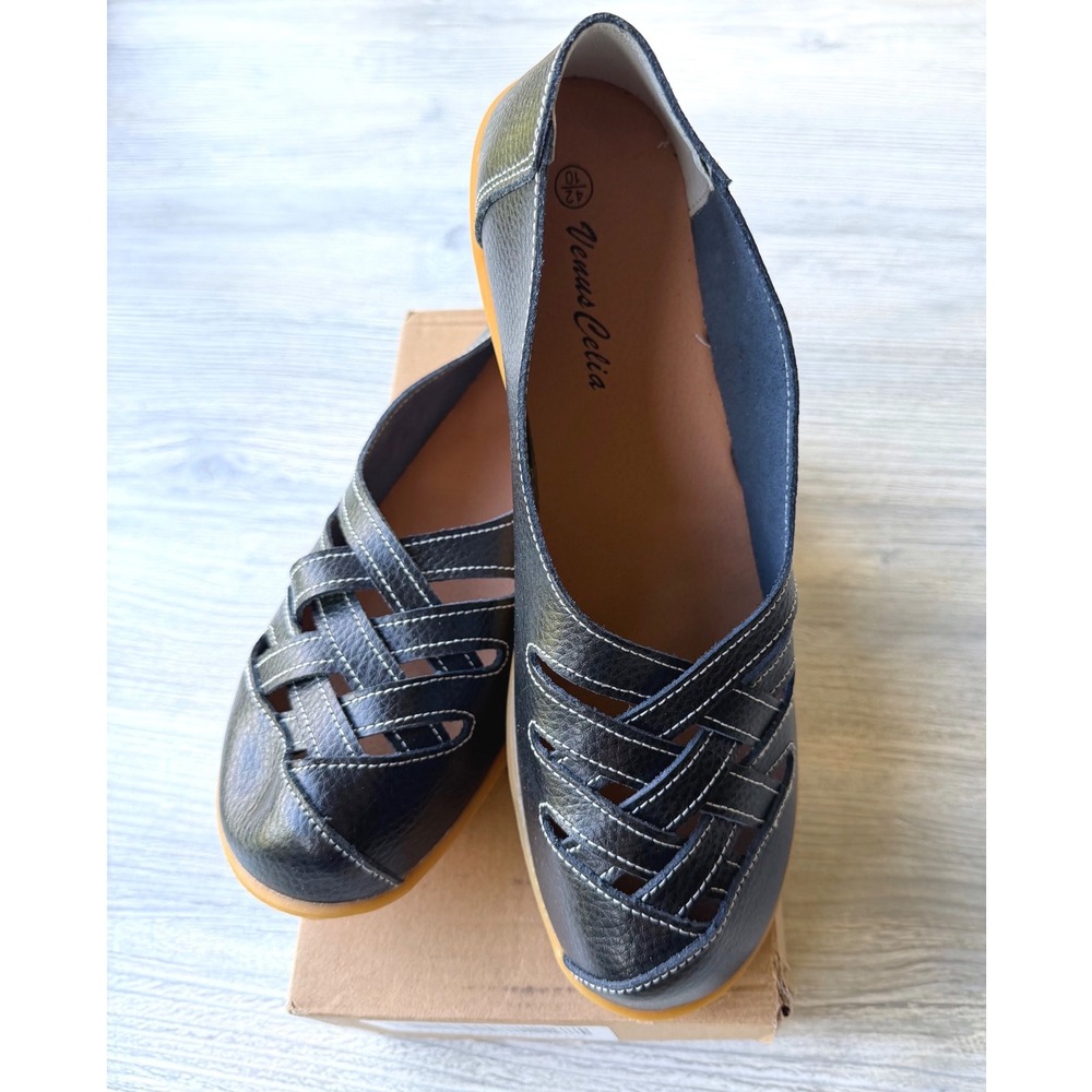 NEW VenusCelia Women Black Comfort Walking Loafer Flat Woven Slip On Shoe 10